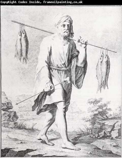 unknow artist baurenfeinds teckning av en fiskare i djedda, atergiven i nibuhrs reisebeschreibung